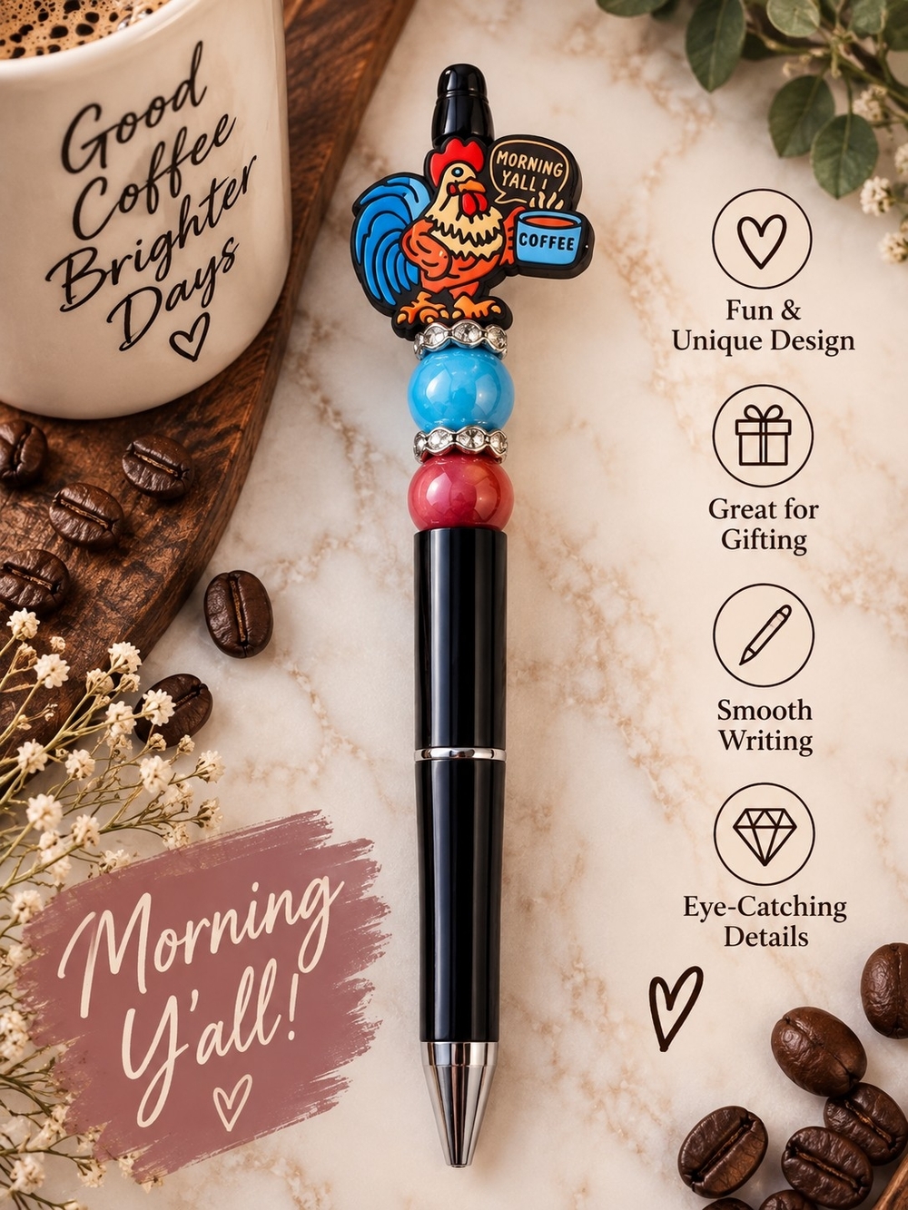 Handmade Pen With Rooster Top - Morning Y'all Coffee Theme!!